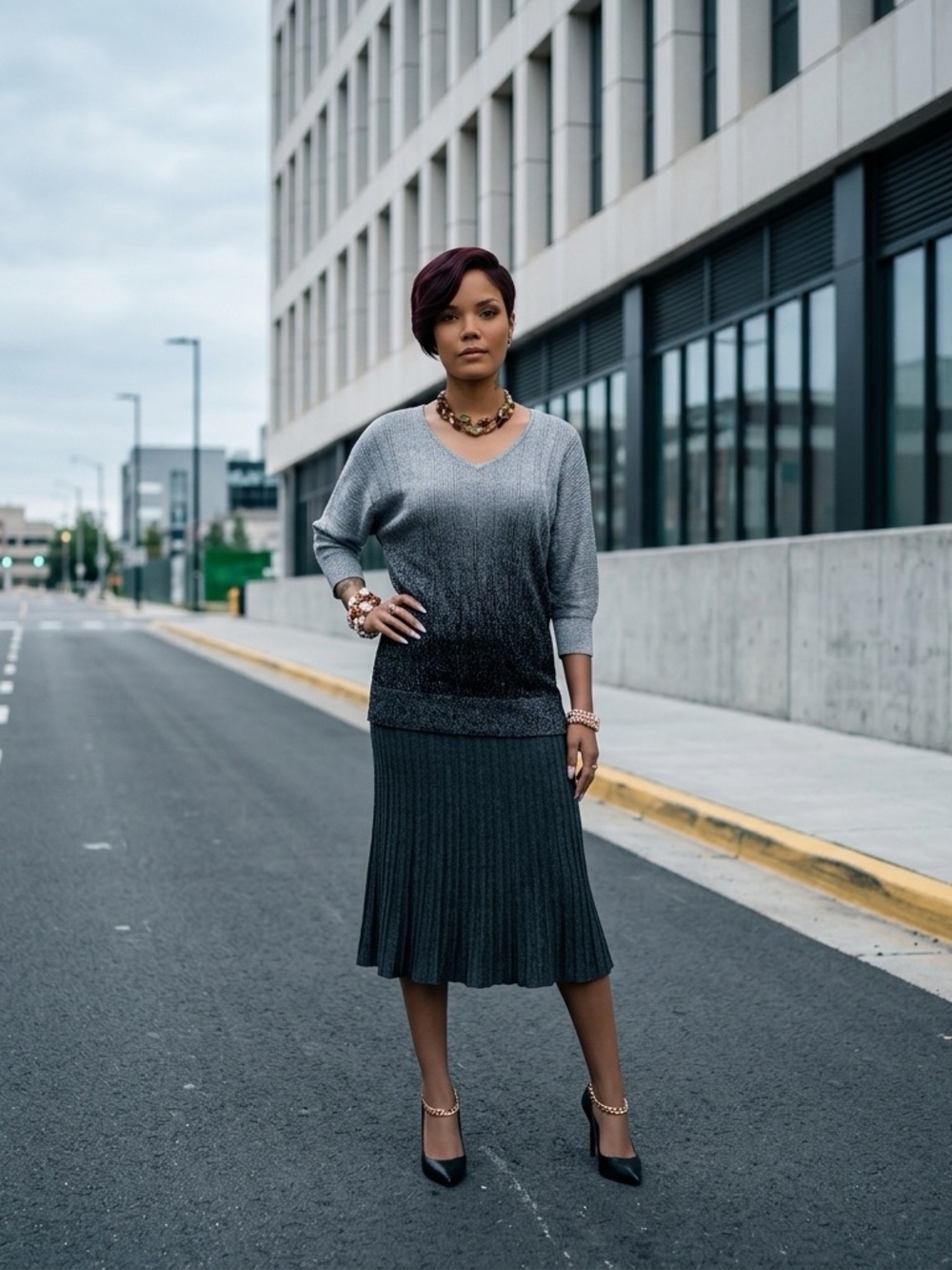 new directions Gray Ombre Knit Top with Pleated Midi Skirt☑️